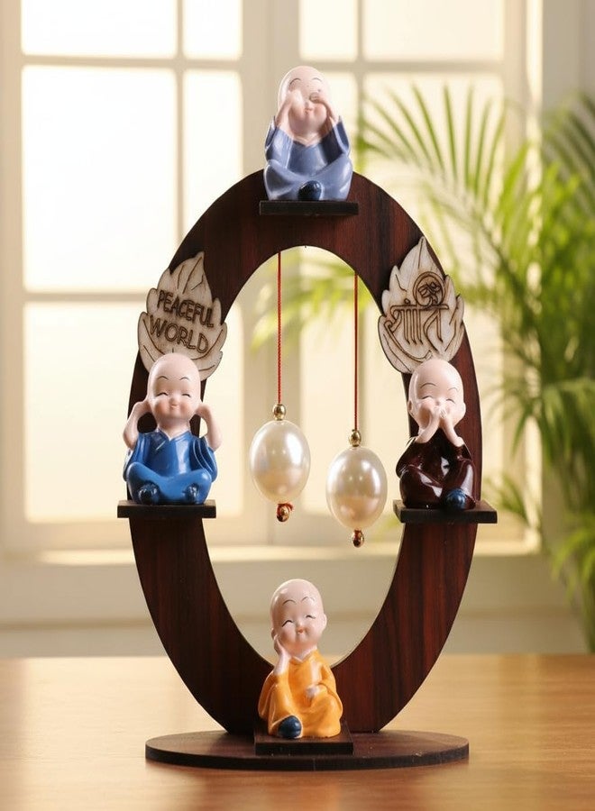 Floweraura Decorative Set of 4 Adorable Buddha Monks On Wooden Stand with Pearls for Peaceful Home Decor & Office Decor, Special Gifting, Ideal for Living Room, Meditation Spaces & Special Occasions - Image 1