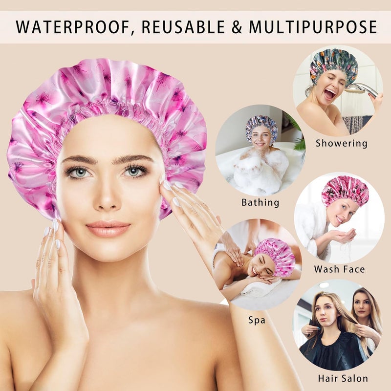 CHFONG 4 PCS Shower Caps for Women, 3D Printing Bath Caps, Double Layers Shower Cap Reusable Waterproof, Bathing Shower Caps, Environmental Protection Hair Bath Hat - Flower B - Image 2