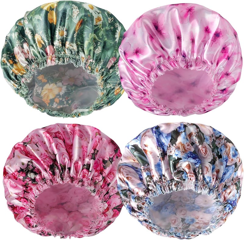 CHFONG 4 PCS Shower Caps for Women, 3D Printing Bath Caps, Double Layers Shower Cap Reusable Waterproof, Bathing Shower Caps, Environmental Protection Hair Bath Hat - Flower B - Image 1
