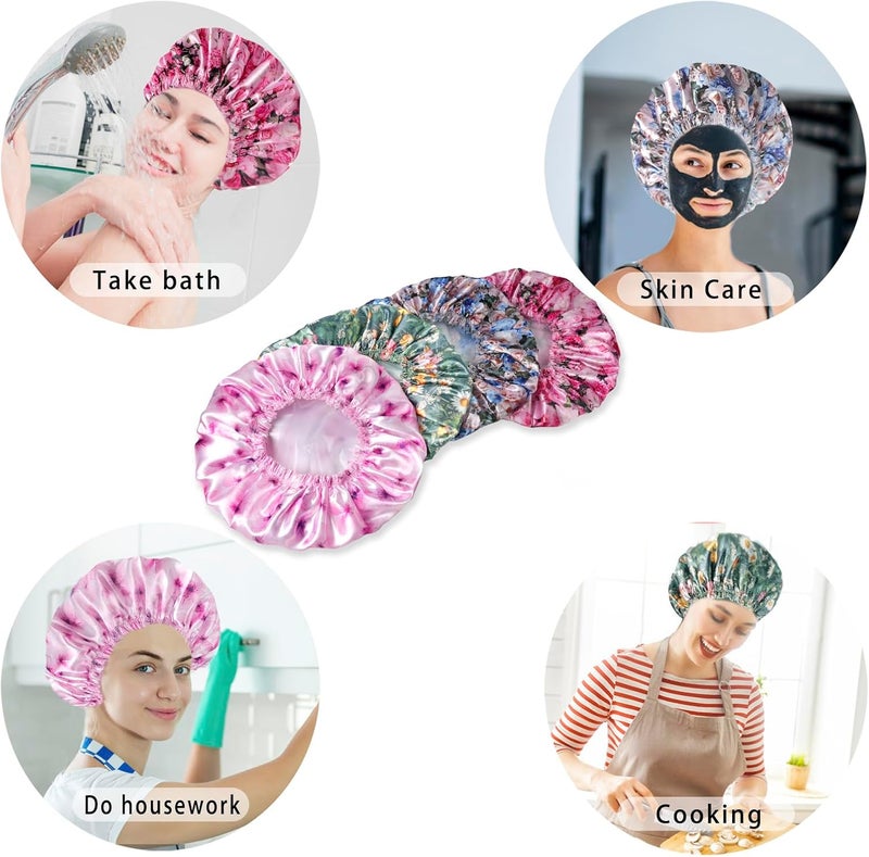 CHFONG 4 PCS Shower Caps for Women, 3D Printing Bath Caps, Double Layers Shower Cap Reusable Waterproof, Bathing Shower Caps, Environmental Protection Hair Bath Hat - Flower B - Image 5