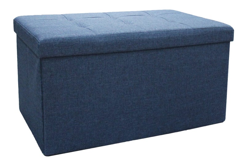 Large Ottoman Foldaway Storage Blanket Toy Box Bench Twill Linen with Buttons Navy Blue 76cm x 38cm