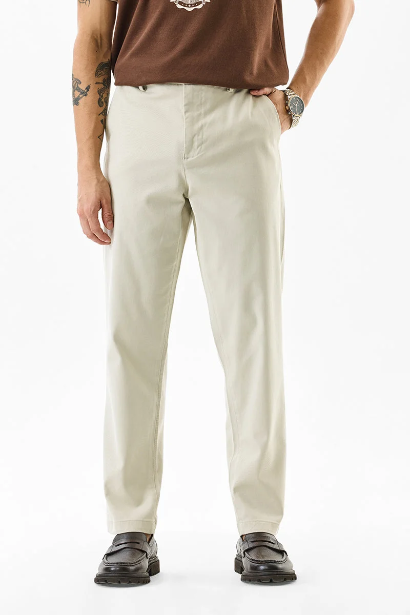 SNITCH Beige Solid Slim Fit Casual Trousers