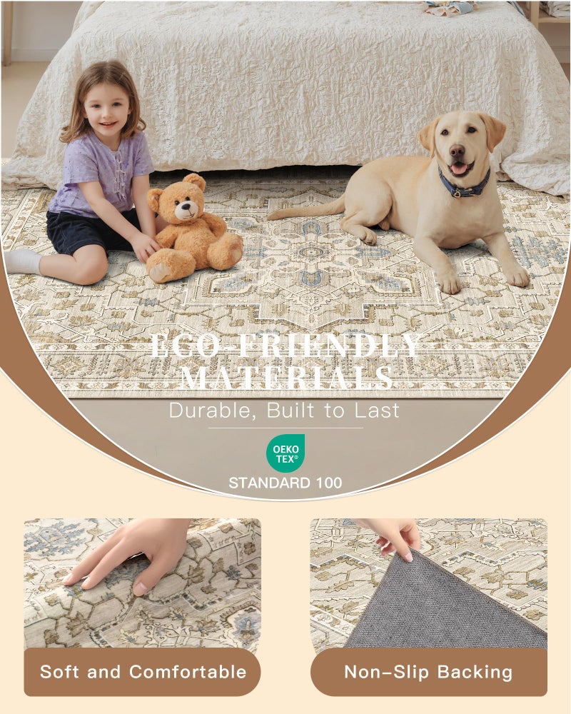 Madane Runner Rug 2x8, Washable Hallway Runner Rugs, Non-Slip Low-Pile Soft Kitchen Rug Runner Laundry Room Rug, Vintage Throw Entry Foyer Mat for Entrance Living Room (Beige/Blue, 2 x 8) - Image 5