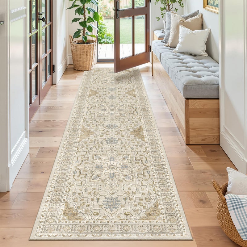 Madane Runner Rug 2x8, Washable Hallway Runner Rugs, Non-Slip Low-Pile Soft Kitchen Rug Runner Laundry Room Rug, Vintage Throw Entry Foyer Mat for Entrance Living Room (Beige/Blue, 2 x 8) - Image 3