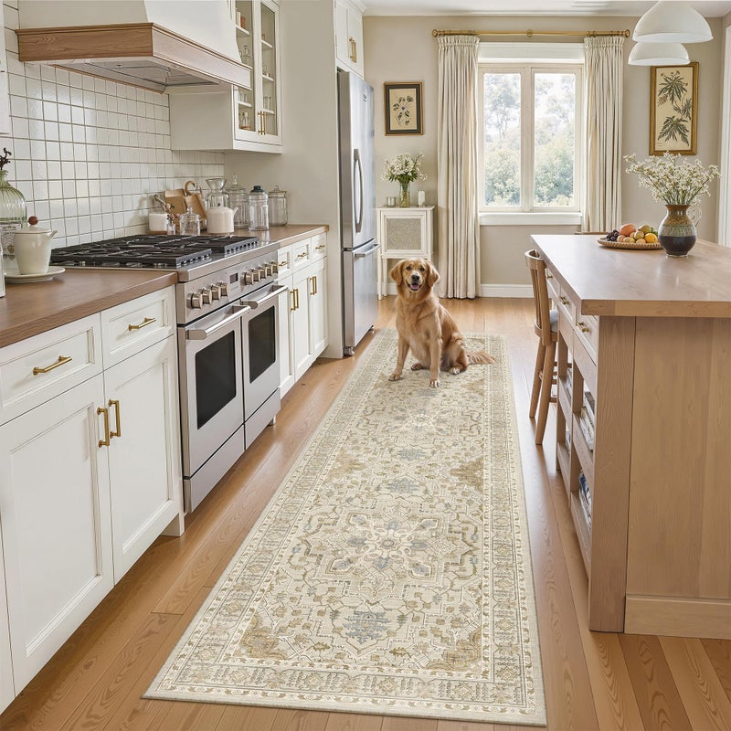 Madane Runner Rug 2x8, Washable Hallway Runner Rugs, Non-Slip Low-Pile Soft Kitchen Rug Runner Laundry Room Rug, Vintage Throw Entry Foyer Mat for Entrance Living Room (Beige/Blue, 2 x 8) - Image 2