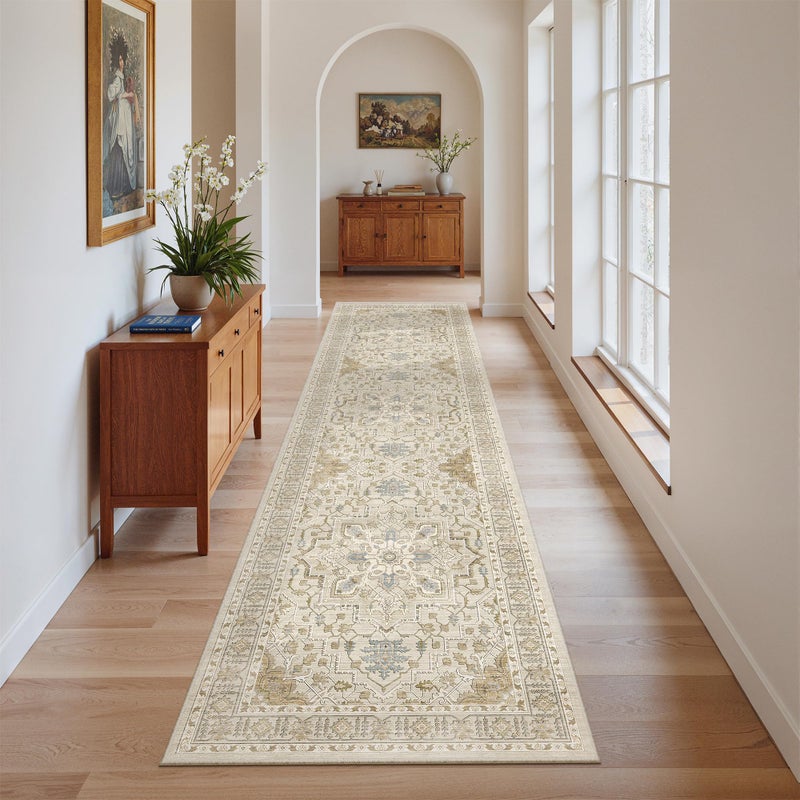 Madane Runner Rug 2x8, Washable Hallway Runner Rugs, Non-Slip Low-Pile Soft Kitchen Rug Runner Laundry Room Rug, Vintage Throw Entry Foyer Mat for Entrance Living Room (Beige/Blue, 2 x 8) - Image 1