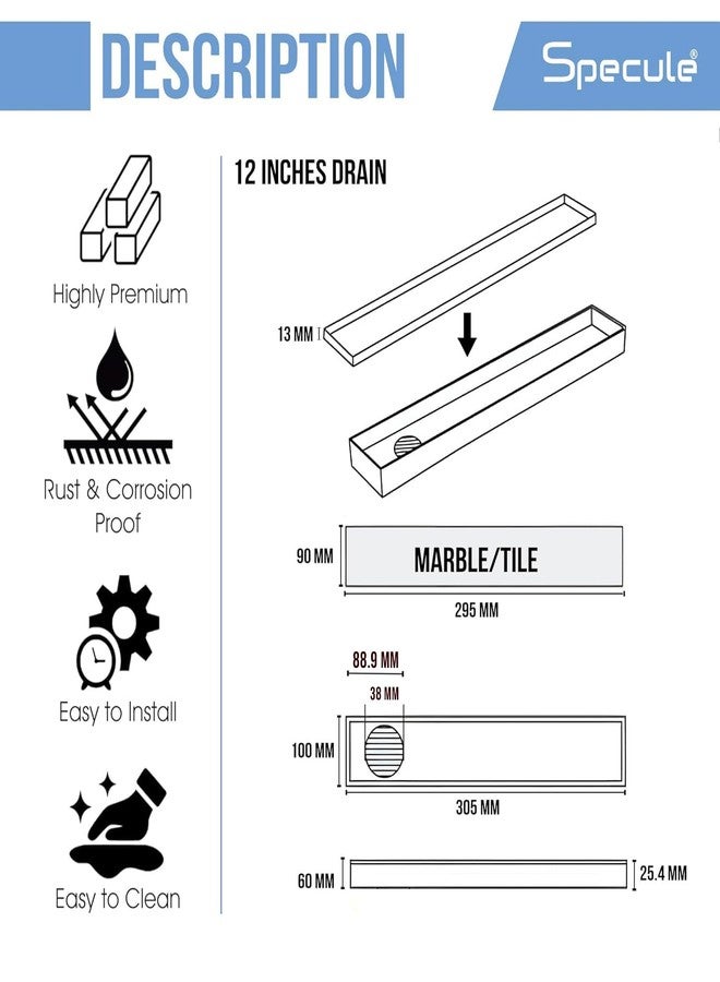 Specule Tile Insert Shower Drain Channel | 12 x 3 Waste Water Floor Drain for 13mm Tile | 304 Stainless Steel Invisible Shower Drain Channel | Drain Channel with Cockroach Trap and Side Hole - Image 5