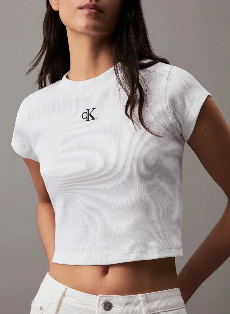 Calvin Klein Bright White Slim Cropped Ribbed T-Shirt for Women | Best Price UAE