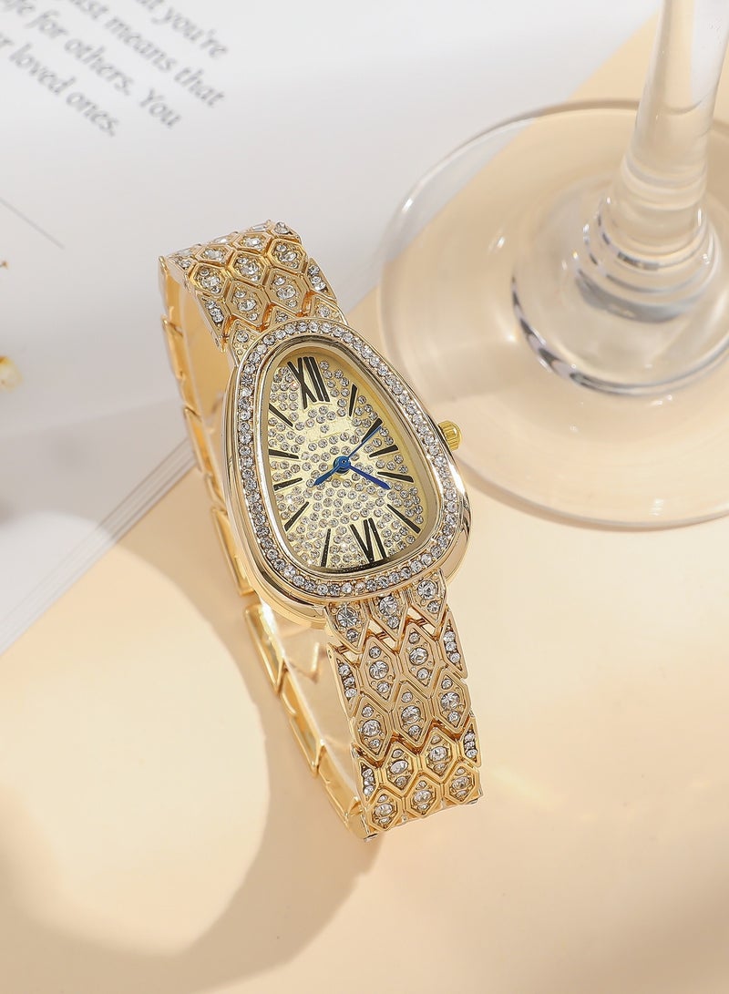 Fashionable Full Diamond Snake-Shaped Quartz Ladies Watch Gold - Image 1