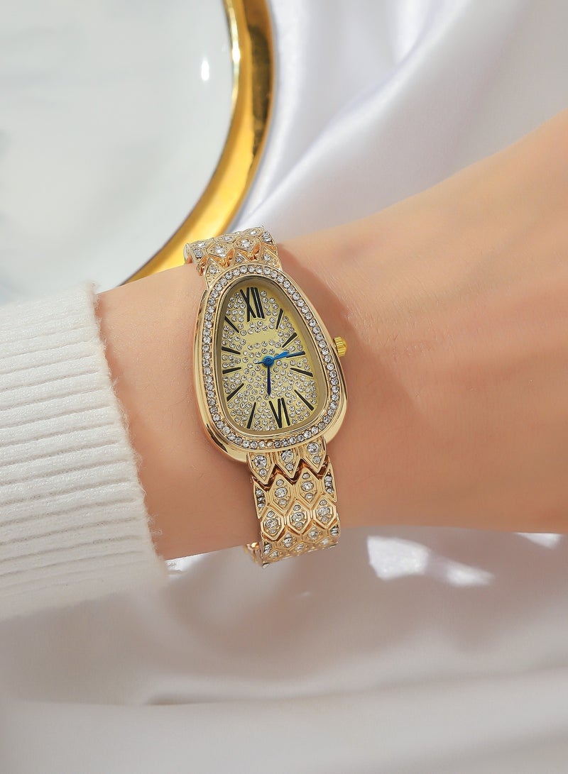 Fashionable Full Diamond Snake-Shaped Quartz Ladies Watch Gold - Image 2