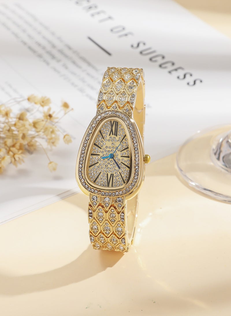 Fashionable Full Diamond Snake-Shaped Quartz Ladies Watch Gold - Image 3