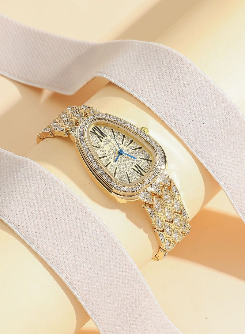 Fashionable Full Diamond Snake-Shaped Quartz Ladies Watch Gold - Image 4