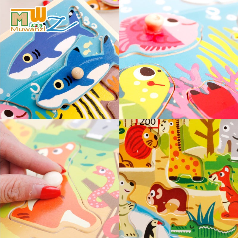 Hand-Held Board Jigsaw Puzzle Young Children'S Animal Cognition Early Education Beneficial Intelligence Jigsaw Board Wooden Mosaic Board Toy 0-3-6 Years Old - Image 5