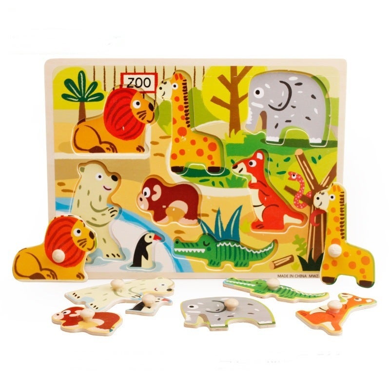 Hand-Held Board Jigsaw Puzzle Young Children'S Animal Cognition Early Education Beneficial Intelligence Jigsaw Board Wooden Mosaic Board Toy 0-3-6 Years Old - Image 2