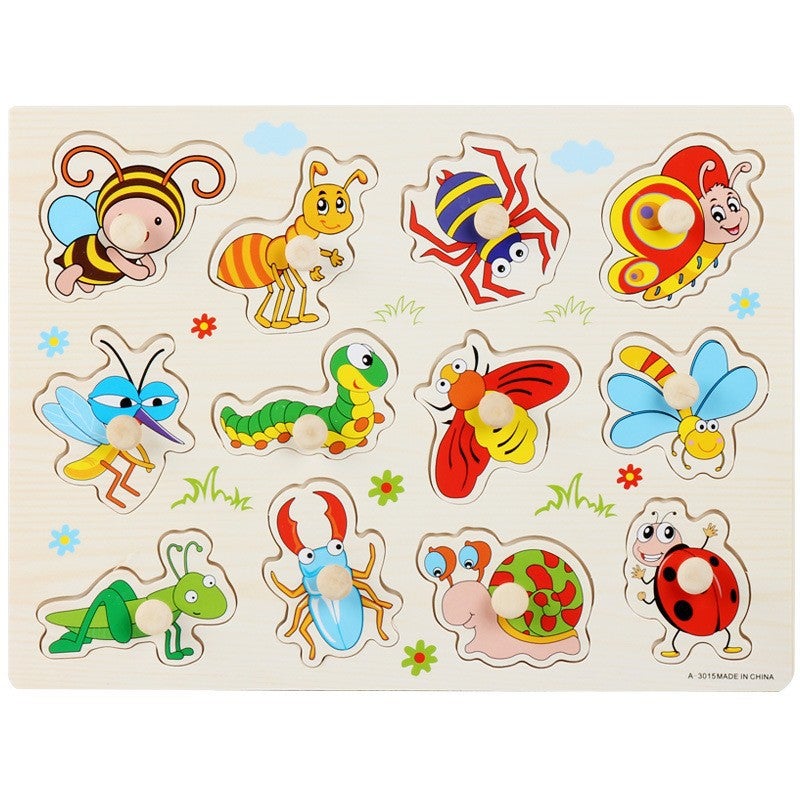 Hand-Held Board Jigsaw Puzzle Young Children'S Animal Cognition Early Education Beneficial Intelligence Jigsaw Board Wooden Mosaic Board Toy 0-3-6 Years Old - Image 1