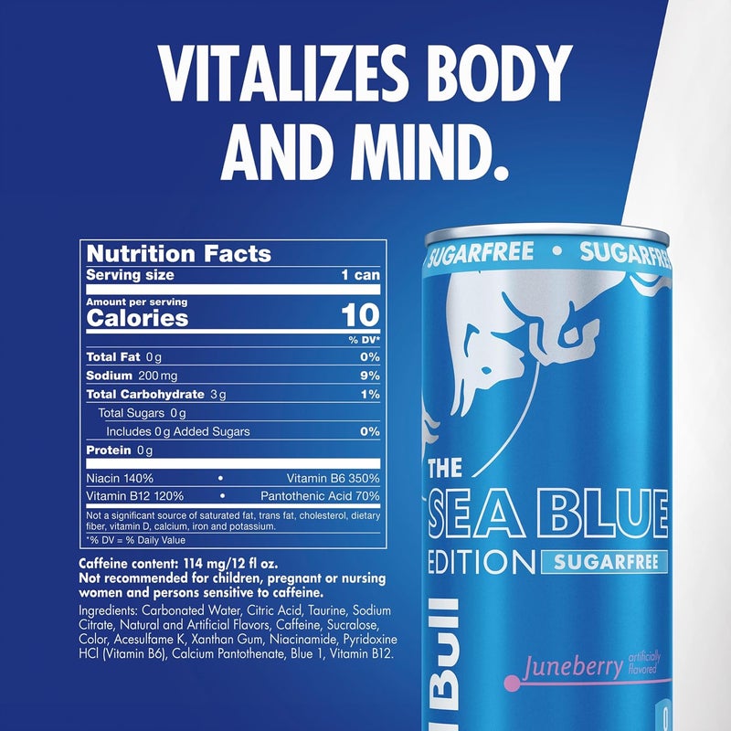 Red Bull Sea Blue Edition Sugar Free Energy Drink, Juneberry Flavor, 12 fl oz, Pack of 4 Cans - Image 2