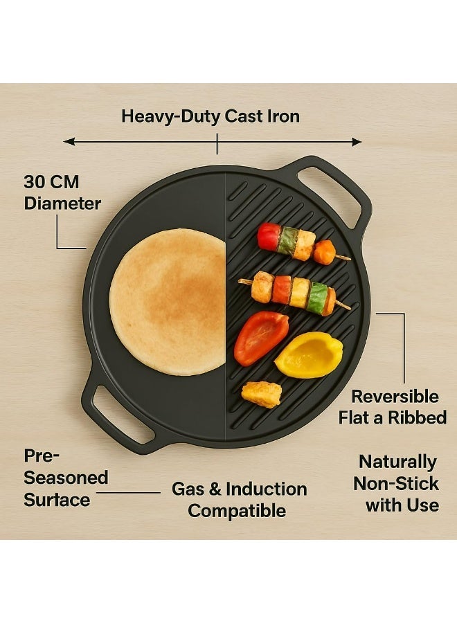 Decent Cast Iron Cookware Combo Set | Cast Iron Medium Kadai/Wok 26 cm + Cast Iron 2-in-1 Tawa & Grill Plate 30 cm | Naturally Non Stick Heavy-Duty Pre-Seasoned | Gas, Electric & Induction Compatible - Image 5