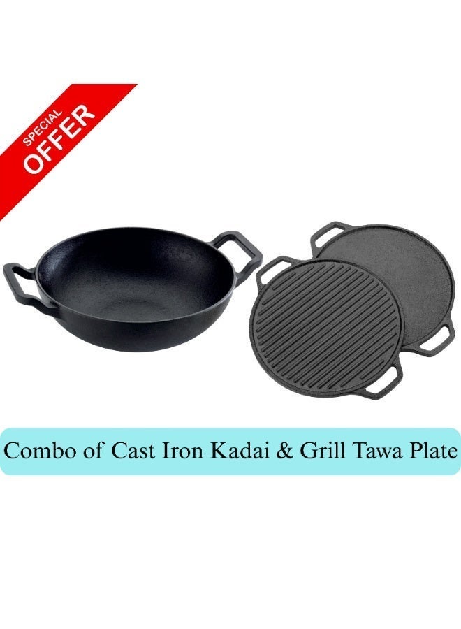 Decent Cast Iron Cookware Combo Set | Cast Iron Medium Kadai/Wok 26 cm + Cast Iron 2-in-1 Tawa & Grill Plate 30 cm | Naturally Non Stick Heavy-Duty Pre-Seasoned | Gas, Electric & Induction Compatible - Image 1