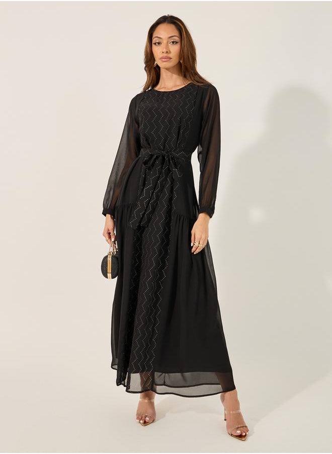 Styli - Embellished Round Neck Tie Up Waist Jalabiya - Image 1