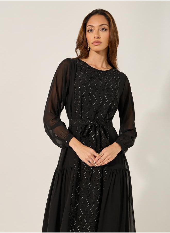 Styli - Embellished Round Neck Tie Up Waist Jalabiya - Image 1