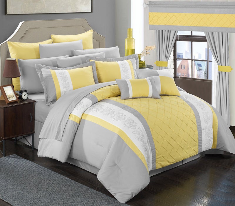 Chic Home Chic Home Yellow Bed in a Bag Comforter Set King Size 24 Pieces Danielle  Pintuck Embroidery Colorblock Bedding  Comforter Sheets Shams Bed Skirt Pillowcases Valances Curtain Ties  Pillow 