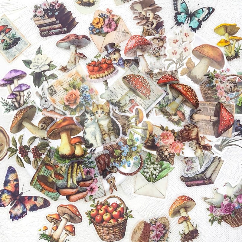 YOKSAS 50PCS Vintage Nature Mushroom Clear Scrapbook Stickers â€“ Retro Botanical Fairycore Stickers for Journaling, Planners, Crafts, Cards & Art Projects - Image 1