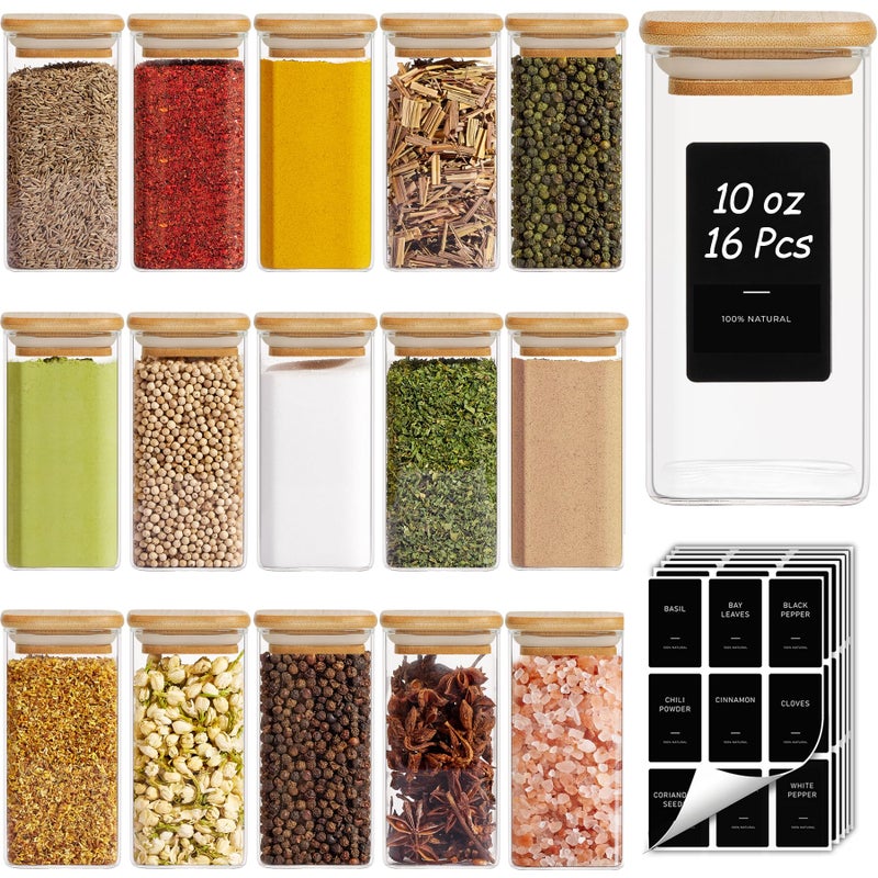 ComSaf 16Pcs Spice Jars with Labels, Glass Jar witj Bamboo Lid, 10oz Airtight Square Containers with Black Lables, Empty Seasoning Jars for Spice, Salt, Pepper, Sugar - Image 1