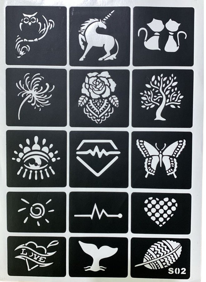 1 Sheet Symbolic & Magical Henna Tattoo Stencils S02 Temporary Stickers Set Unicorn Owl Tree of Life Evil Eye Butterfly Diamond Heartbeat Dotwork Reusable Body Art Templates Festival Bohemian Temporary Tattoos Unique Spiritual Gift.