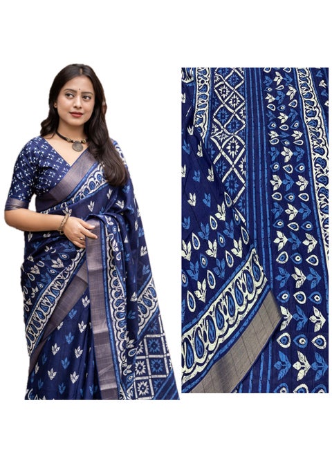 Indigo Blue Soft Silk Slub Woven Saree With Small Butti Batik Print Design Comes With Unstitched Blouse