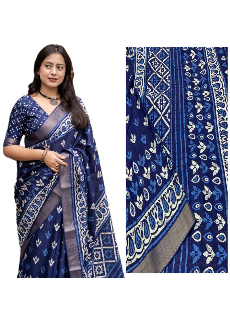 Indigo Blue Soft Silk Slub Woven Saree With Small Butti Batik Print Design Comes With Unstitched Blouse