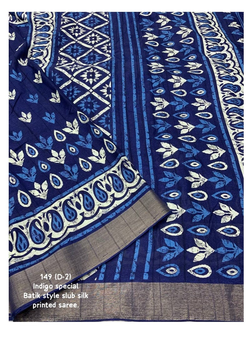 Indigo Blue Soft Silk Slub Woven Saree With Small Butti Batik Print Design Comes With Unstitched Blouse