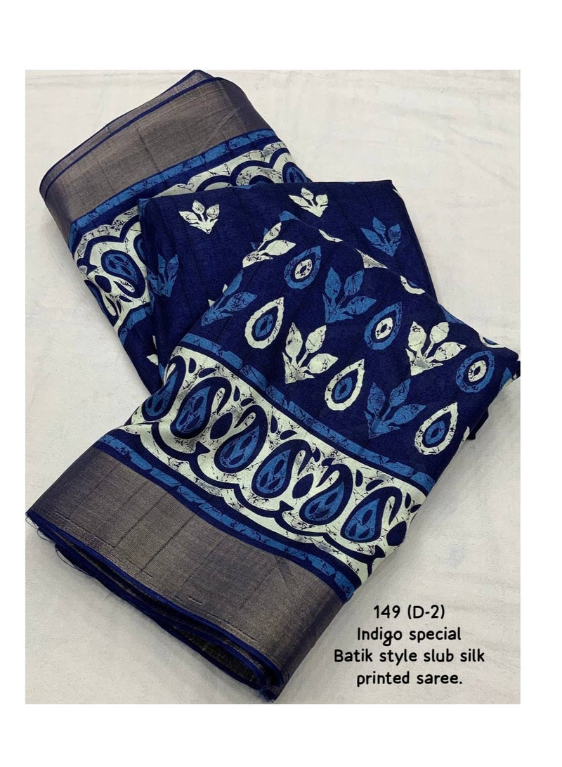 Indigo Blue Soft Silk Slub Woven Saree With Small Butti Batik Print Design Comes With Unstitched Blouse