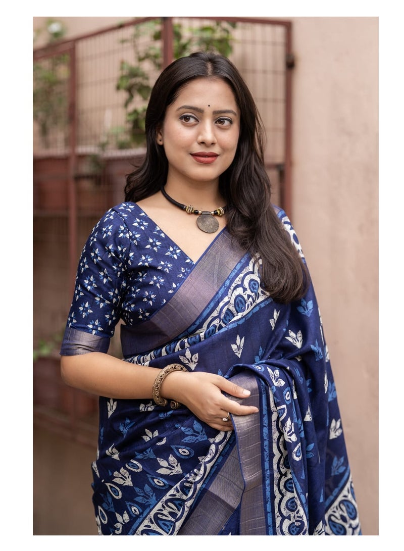 Indigo Blue Soft Silk Slub Woven Saree With Small Butti Batik Print Design Comes With Unstitched Blouse