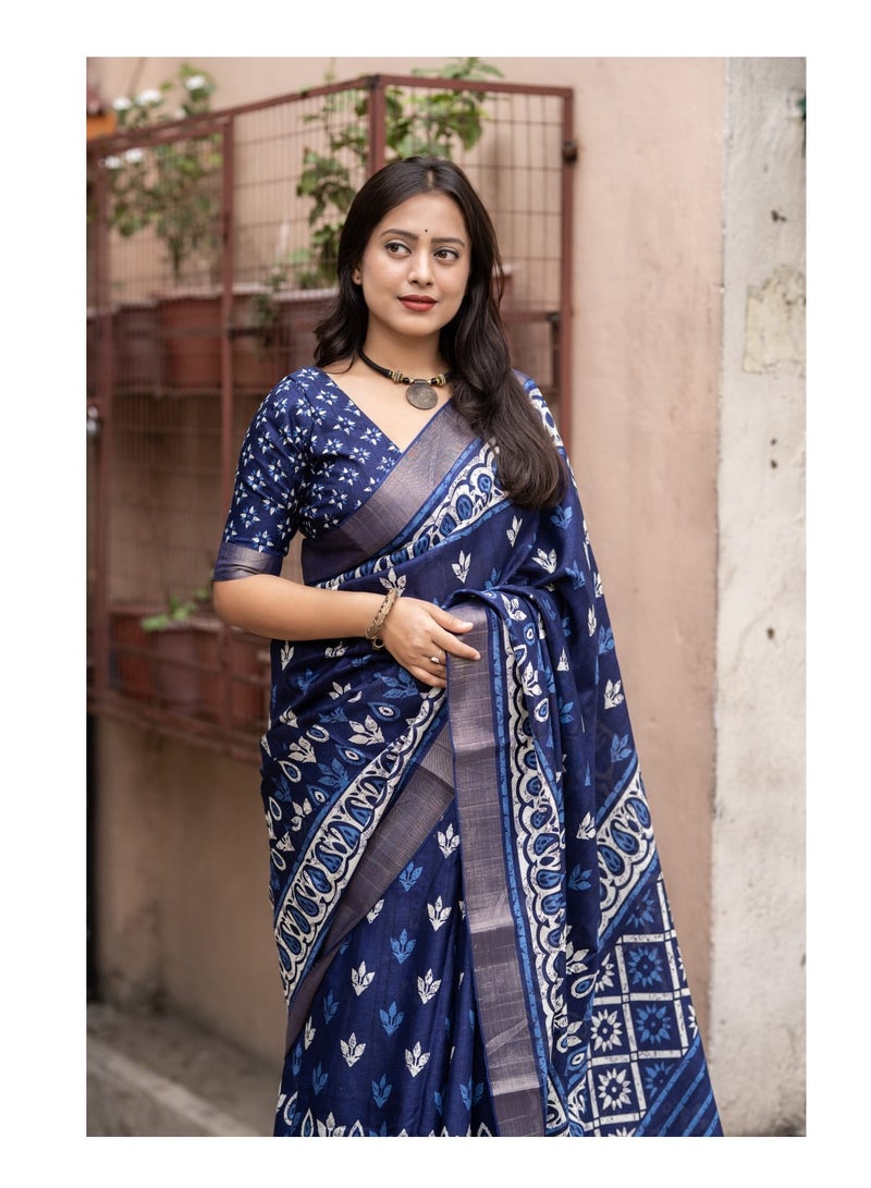 Indigo Blue Soft Silk Slub Woven Saree With Small Butti Batik Print Design Comes With Unstitched Blouse