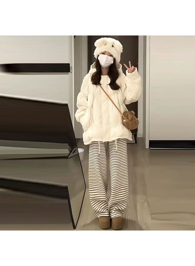 LANG SHA Langsha Black And White Striped Women's Fleece-lined Pants Winter  New Thickened High-waist Loose Straight-leg Draped Wide-leg Towel Pants - Image 1