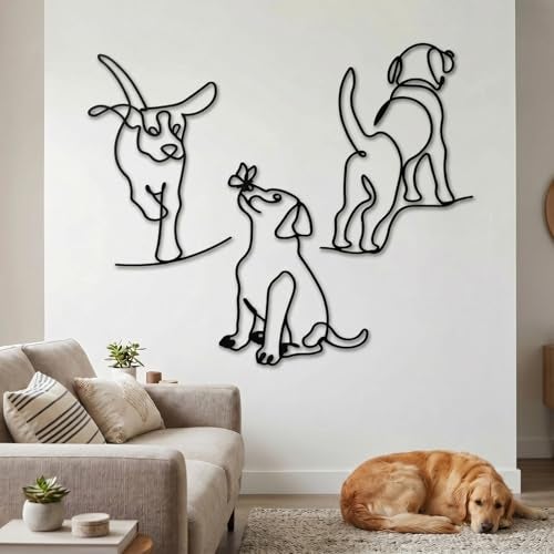 BrightRow 3 Pcs Dog Wall Art Minimalist Abstract Pet Line Drawing Decor Black Metal Modern Pet Sculptures Dog Lover Gifts for Living Room Bedroom Kitchen Wall DecorationsPuppy A - Image 1