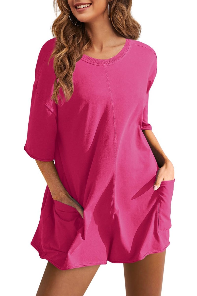 UANEO Rompers for Women Casual Oversized Athletic Jumpsuits Overalls Workout Hot Shot Tee Romper (HotPink-XL) - Image 5