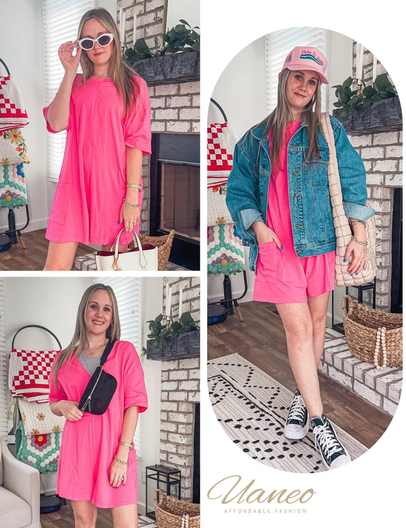 UANEO Rompers for Women Casual Oversized Athletic Jumpsuits Overalls Workout Hot Shot Tee Romper (HotPink-XL) - Image 4