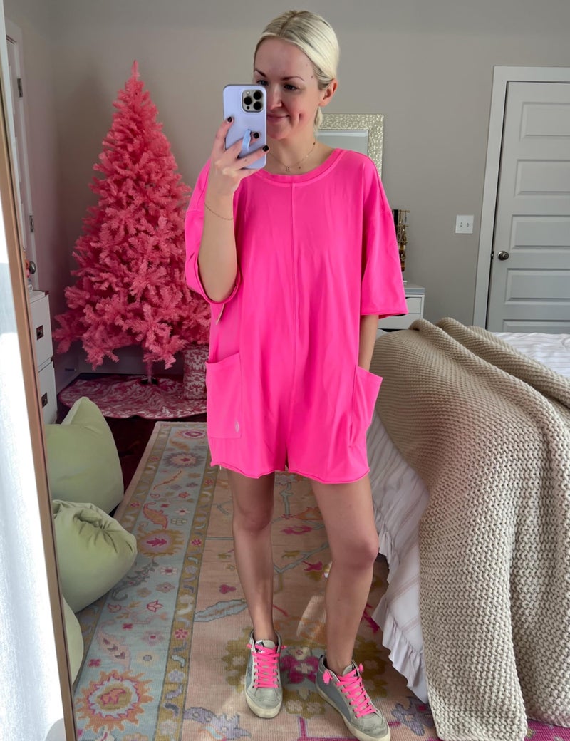 UANEO Rompers for Women Casual Oversized Athletic Jumpsuits Overalls Workout Hot Shot Tee Romper (HotPink-XL) - Image 2