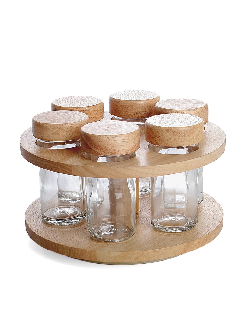 Billi 6-Piece Glass Spice Bottle Set with Wooden Lids & Stand | Premium Glass Spice Jars with Storage Rack | Kitchen Seasoning Containers for Herbs, Spices & Condiments - Image 1