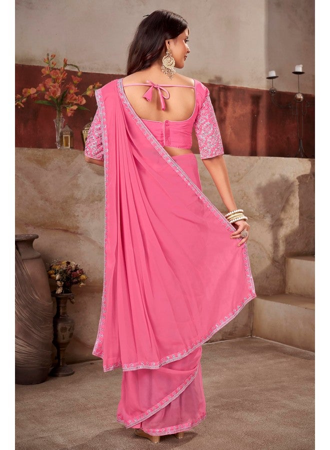 Glory Sarees Women's Georgette Ready To Wear Saree With Silk Blouse Piece (Readymade_Saree106_Pink) - Image 5