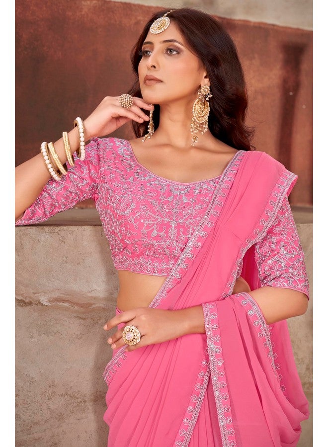 Glory Sarees Women's Georgette Ready To Wear Saree With Silk Blouse Piece (Readymade_Saree106_Pink) - Image 2