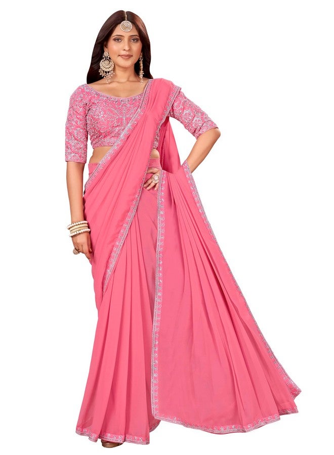 Glory Sarees Women's Georgette Ready To Wear Saree With Silk Blouse Piece (Readymade_Saree106_Pink) - Image 1