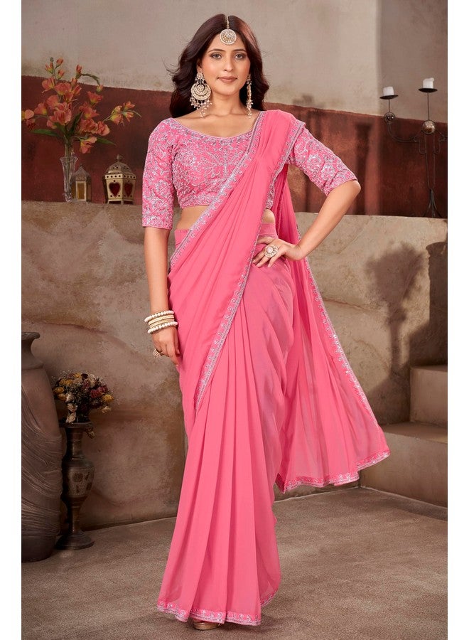 Glory Sarees Women's Georgette Ready To Wear Saree With Silk Blouse Piece (Readymade_Saree106_Pink) - Image 4