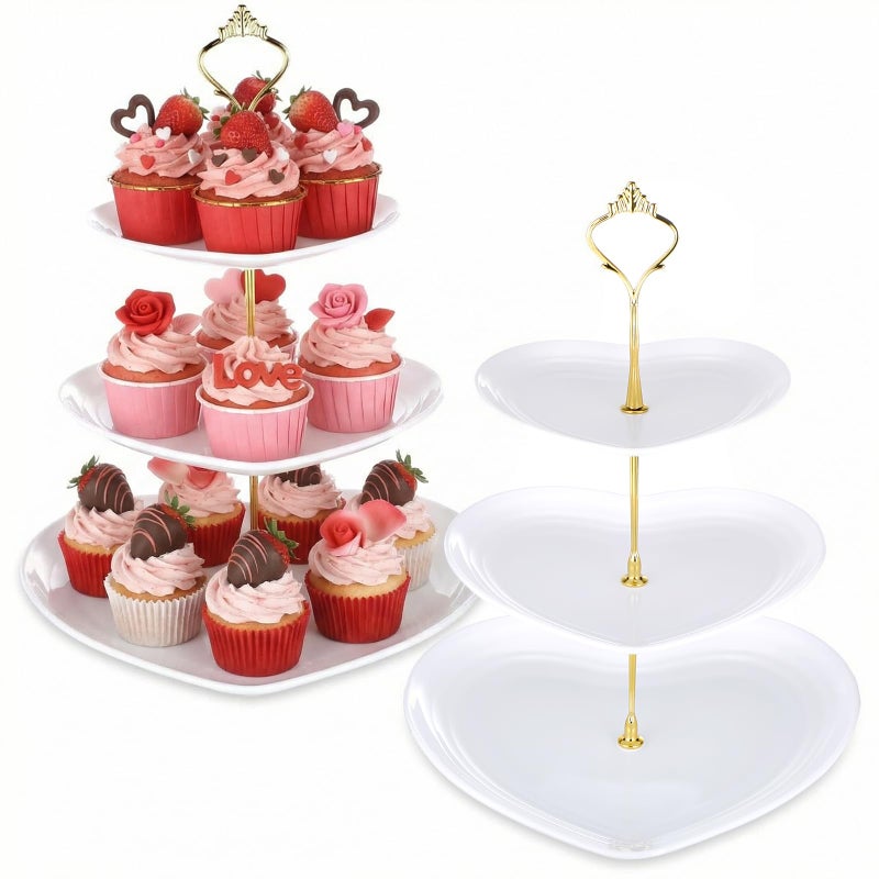 Layhit 2 Pack Valentine's Day 3 Tier Cupcake Stand Heart Shaped 3 Tiered Serving Trays for Party Plastic Tray Dessert Cupcake Stand for Tea Party Baby Shower Wedding (White) - Image 1