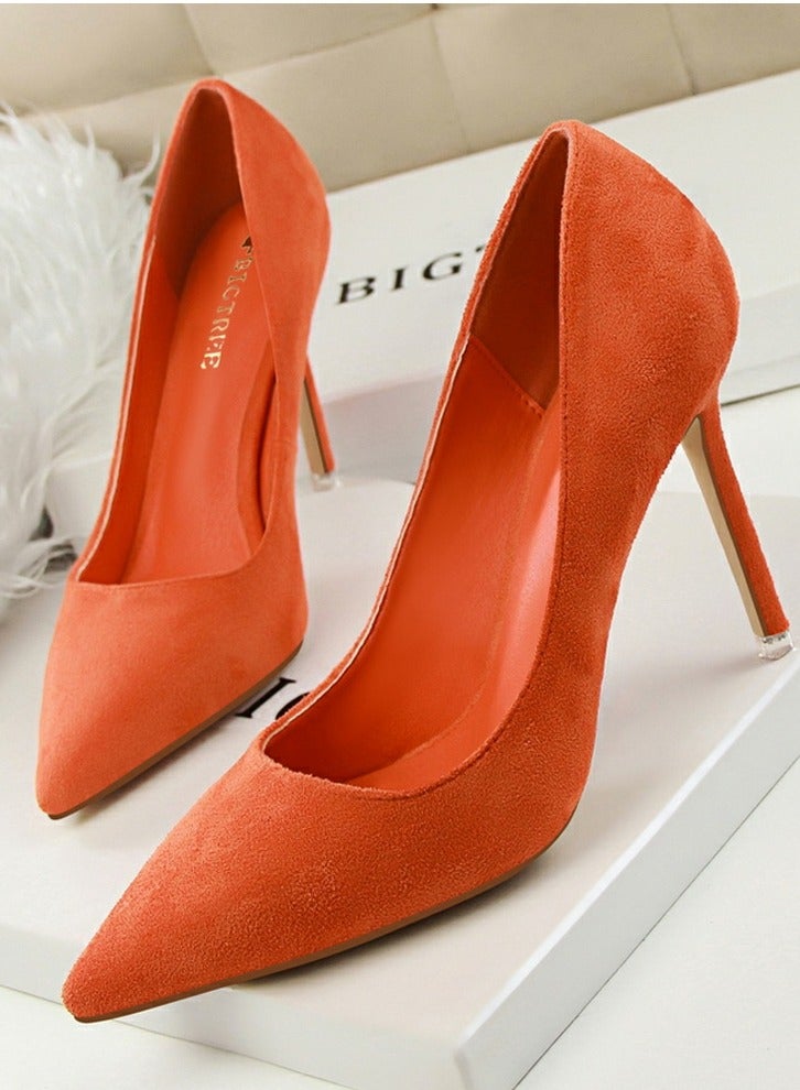 BIGTREE Women's Elegant Coral Velvet Stiletto Pumps 9 CM Fashion Gorgeous Closed Pointed Toe Slip On Solid High Heels Orange  - Image 1