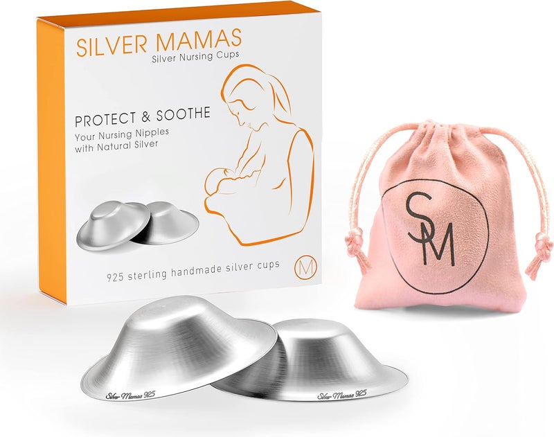 Silver Mamas كؤوس الرضاعة الفضية من سيلفر ماماس للمواليد الجدد، أغطية الحلمات الفضية للرضاعة الطبيعية، واقيات الرضاعة الفضية عيار 925، كؤوس الشفاء، مستلزمات أساسية للمواليد، تهدئة الحلمات المؤلمة والمتشققة (كبيرة) - Image 2