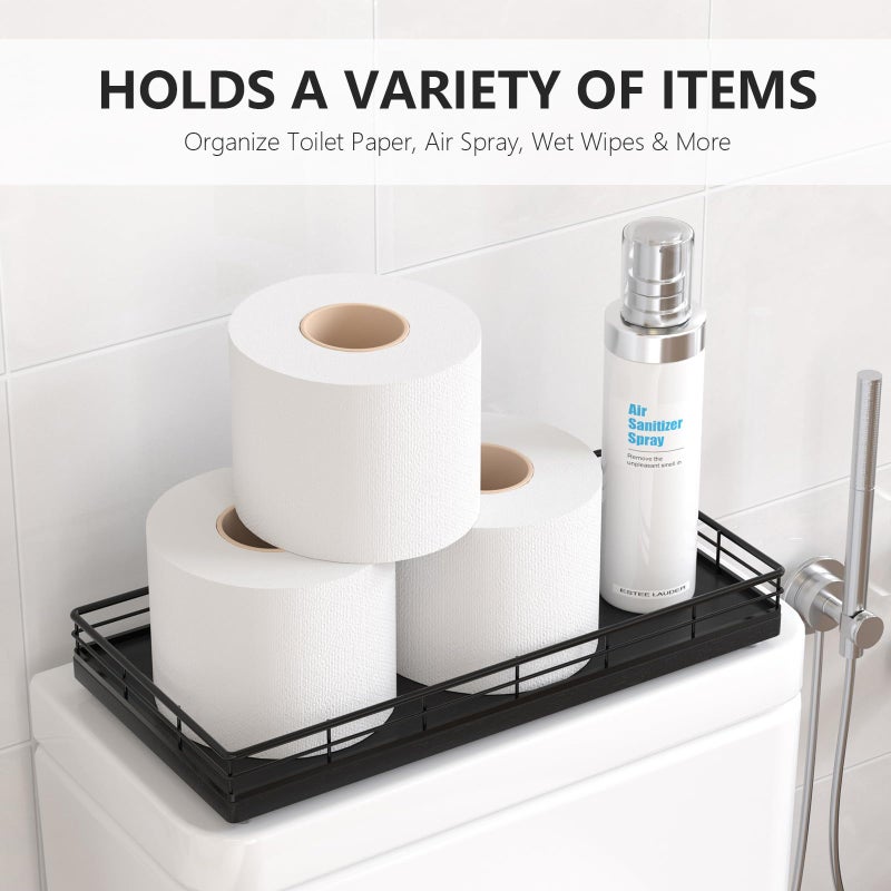 Focusonit Toilet Paper Basket Organizer â€“ Oak Wood Toilet Tank Tray with Metal Frame, Back of Tank or Top Bathroom Counter Storage â€“ Black Modern Decor - Image 2