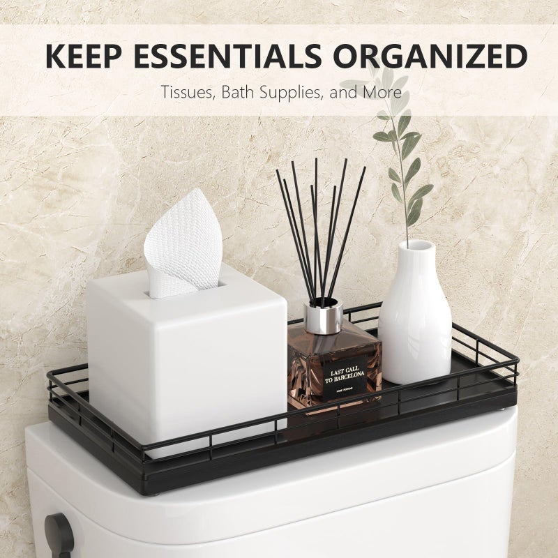 Focusonit Toilet Paper Basket Organizer â€“ Oak Wood Toilet Tank Tray with Metal Frame, Back of Tank or Top Bathroom Counter Storage â€“ Black Modern Decor - Image 3