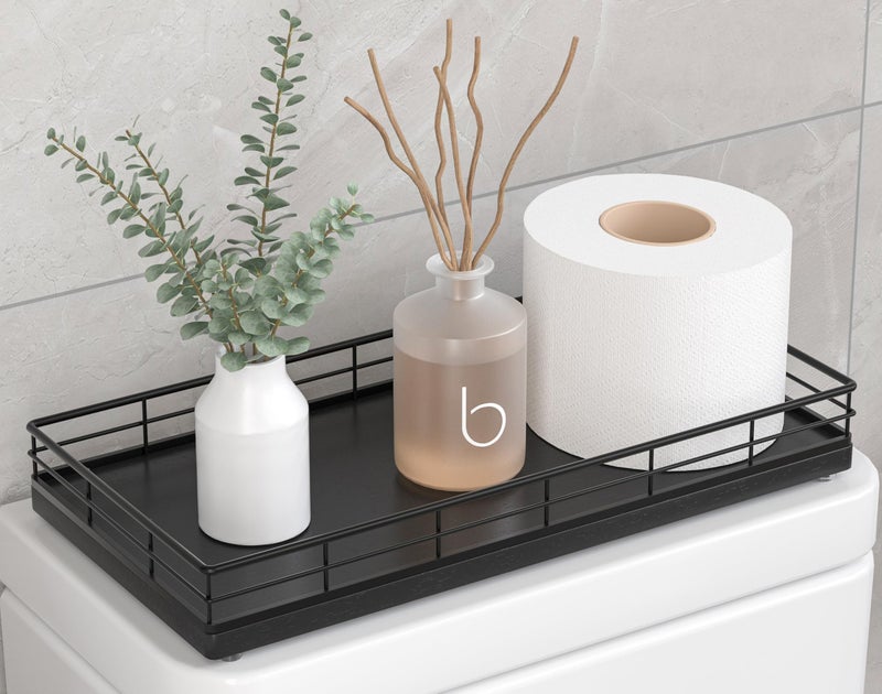 Focusonit Toilet Paper Basket Organizer â€“ Oak Wood Toilet Tank Tray with Metal Frame, Back of Tank or Top Bathroom Counter Storage â€“ Black Modern Decor - Image 1